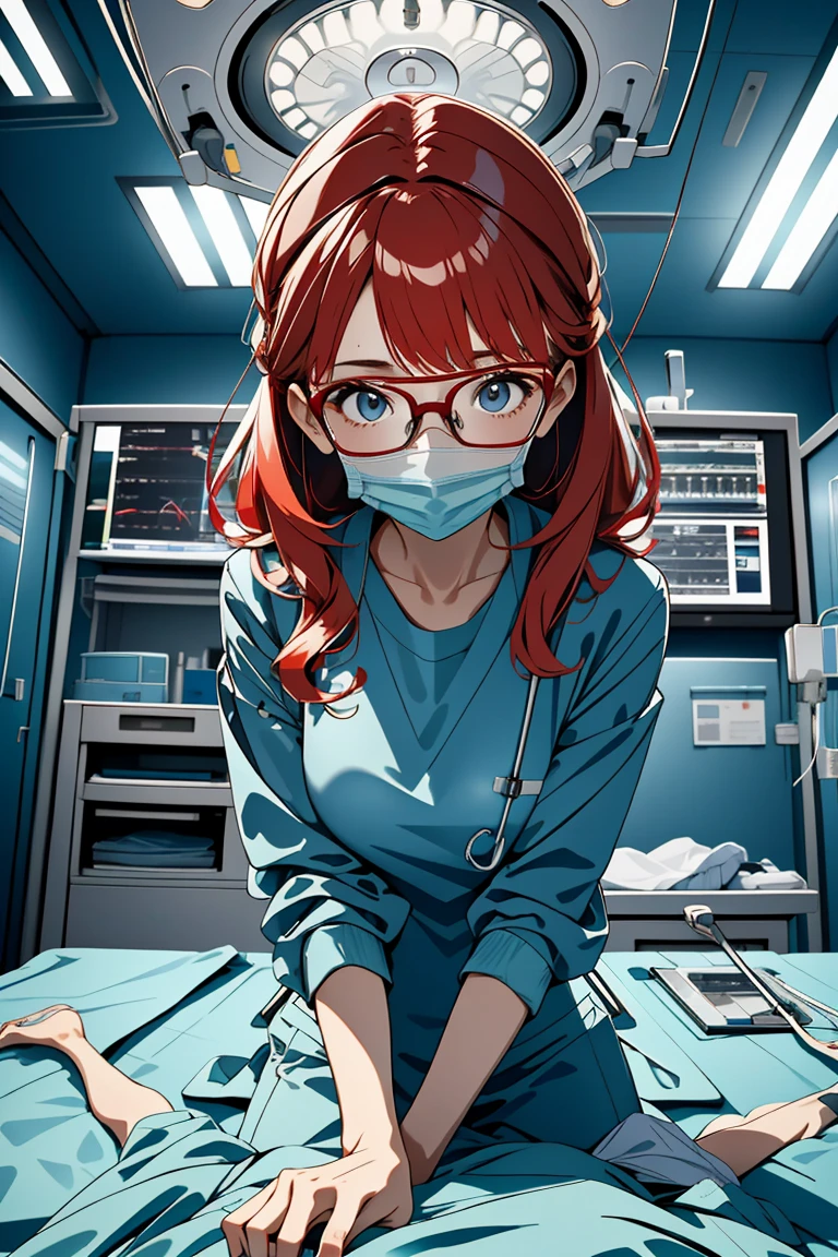 (RAW photo, best quality,facing the viewer,from front), operating room, overhead surgical light,blurred background, focused, dithering,backlighting,
 <lora:CMC_Laura_Marino_V1.0:0.5> cmc924, laura marino, 1girl, solo,red hair,glasses, 
 <lora:surgeon_cpr_pov_V1.0:0.8> surgeon_cpr, indoors, 1girl, looking at viewer, pov, solo,surgical mask, long sleeves,sweating,