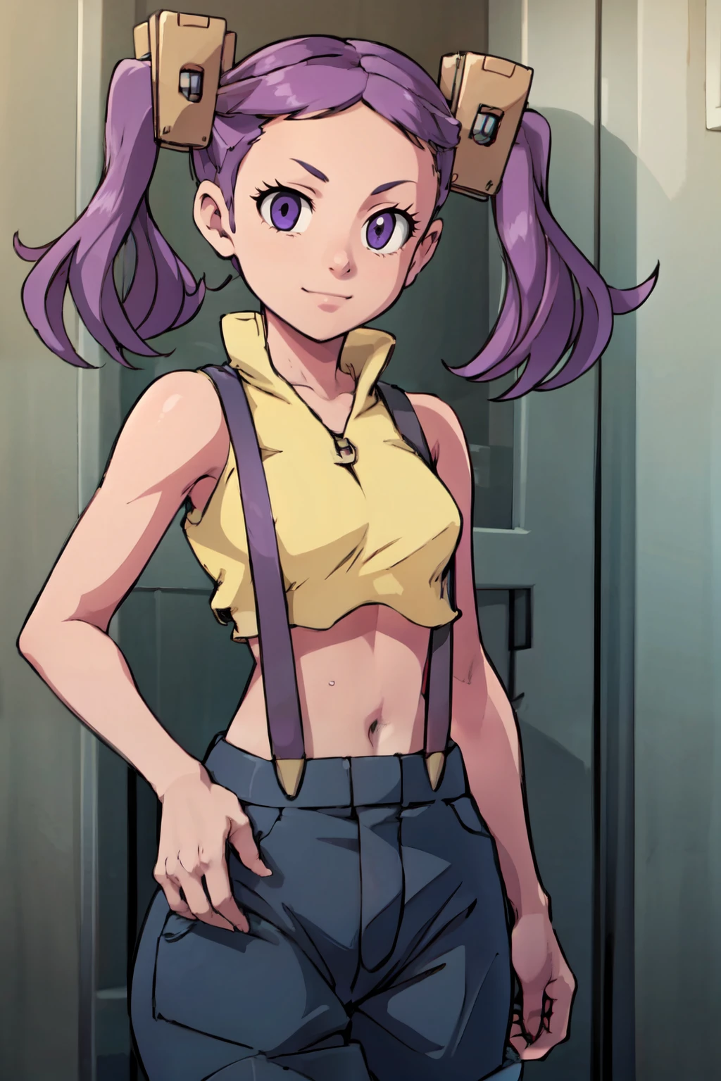 ((masterpiece,best quality)), absurdres,  BREAK, , <lora:Wahanly_Shume_Tenchi:0.8>, Wahanly_Shume_Tenchi,  1girl, solo, long hair, purple hair, twintails, purple eyes, hair ornament, , BREAK,  <lora:Misty_Pokemon_Cosplay_v3:0.8>,  misty (pokemon) (cosplay), yellow crop top, suspenders,, BREAK, solo, smile, looking at viewer, cowboy shot,