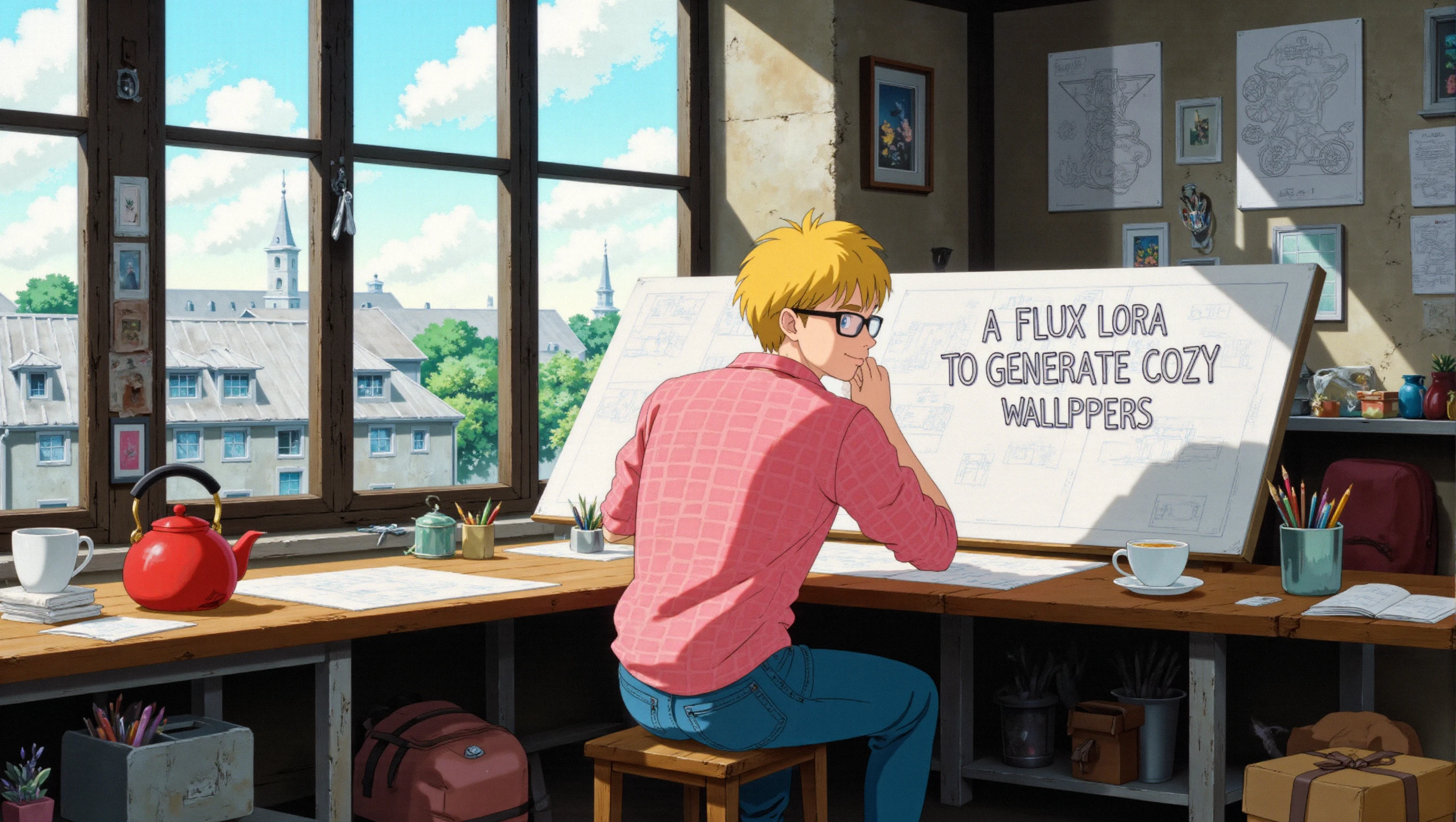 a cozyWallpaper style image of a man working in a cozy, creative workspace. The young man with blond hair sits at a wooden stool, working at a large drafting table covered with blueprints and sketches of designs. The text "A FLUX LORA TO GENERATE COZY WALLPAPERS" is written on the blueprint in front of him. He is wearing a pink checkered shirt, jeans, and black glasses, smiling as he rests his head on his hand, giving off a relaxed and thoughtful vibe. The room is filled with natural light pouring in from large, paned windows. In the background, there are more blueprints pinned to the walls, and the scene outside the window suggests a calm, sunny day with a view of industrial buildings. On a side table, thereâs a red teapot and a cup, adding a homely touch to the otherwise technical atmosphere. The setting feels nostalgic and serene, combining creativity with a sense of warmth and comfort. The overall aesthetic is peaceful, with soft tones and a sense of gentle productivity. <lora:cozyWallpaper_flux:1>