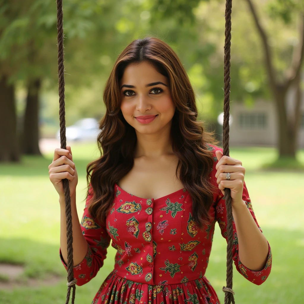 tamannaah, looking at the viewer, She's like the girl next door and swinging in a park