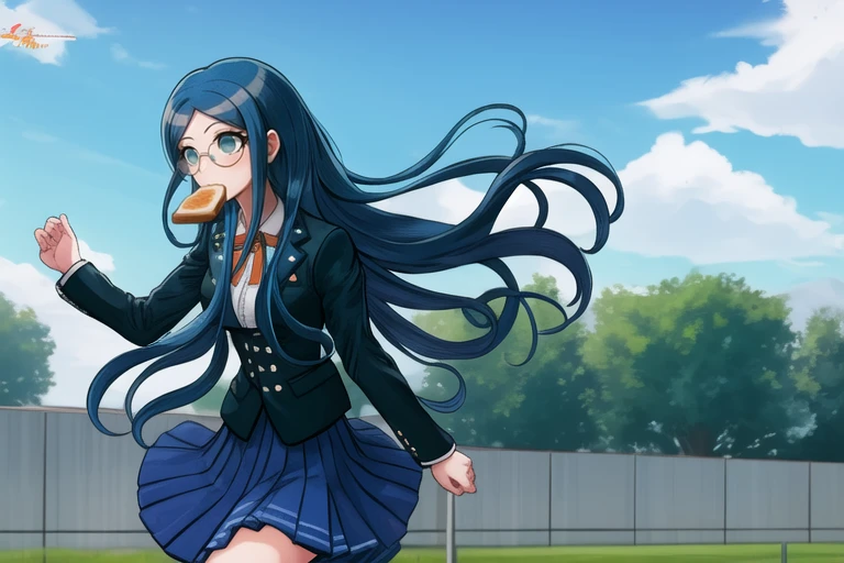 <lora:toast-nvwls-v1:0.8>, <lora:Tsumugi_Shirogane_emSD15:1>,  running, toast in mouth,  Tsumugi Shirogane character, Tsumugi Shirogane,  Danganronpa 3 screencap style, anime , school uniform, 1girl, solo, white blouse, orange bow, teal-black blazer, silver buttons, teal-blue hair, center parted hair, straight hair, teal-green eyes, round glasses, white glasses, teal-black pleated skirt with teal stripe hem, dark navy knee-length socks, teal-gray loafers, running, day, sky, tree, (((stone fence))),  Japanese town, arms out, arms out while running, cowboy shot