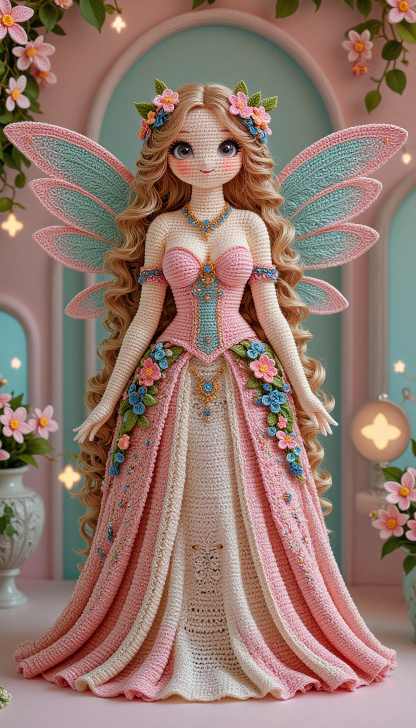 cr0ch3tcut3styl3, crocheted, Portrait of a pretty fairy, Leaves, Flowers, Petals, Pastel Pink, art nouveau style, floral background, vintage style