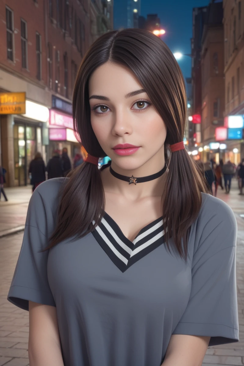 score_9, source_anime, zPDXL2, masterpiece, best quality, an image of MiHeeChoDove woman, grey oversized v-neck shirt, choker, cleavage, face focus, woman, close-up, looking at viewer, light blush, city street, late at night, <lora:MiHeeChoDove-000005:1>