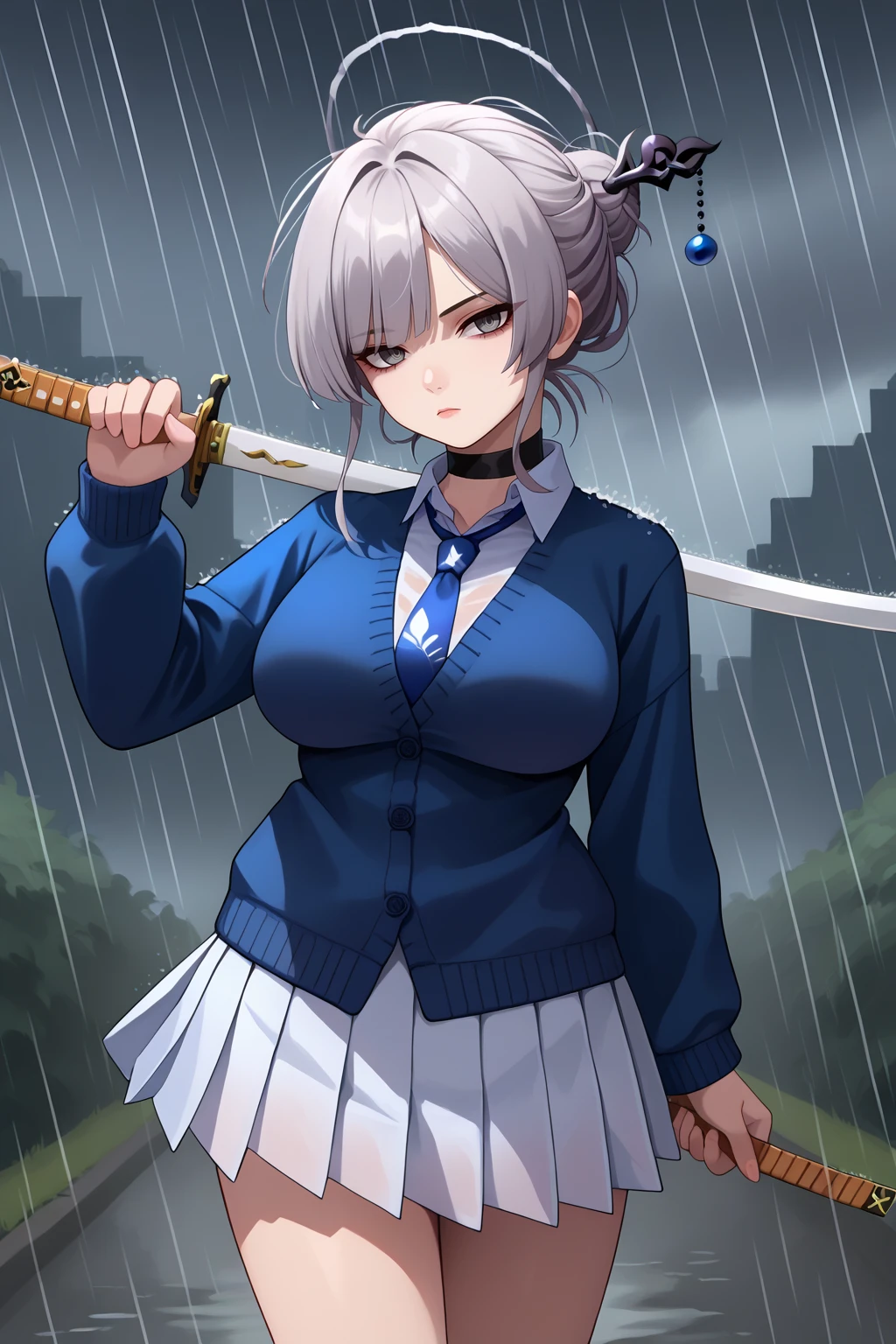 score_9, score_7_up, source_anime, cowboy shot, looking at viewer, expressionless, kvki, grey hair, grey eyes, grey halo, single hair bun, hair stick, large breasts, black choker, blue cardigan, blue necktie, white collared shirt, white pleated skirt, holding weapon, katana, fighting stance, outdoors, overcast, rain, <lora:Hoseki_ProjectKV_KaoruItokonoue_PDXL_v1:1>