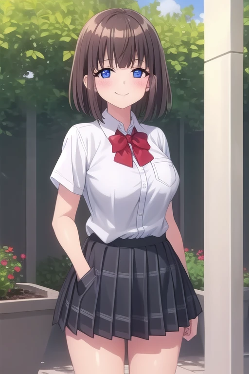 ((masterpiece)),(best quality),official art,extremely delicate and beautiful,extremely detailed CG,unity 8k wallpaper,ultra detailed,beautiful detailed eyes,extremely detailed face,outdoors,1girl,solo,cowboy shot,looking at viewer,facing viewer,smile,Toko Saionji,medium hair,brown hair,shiny hair,bob cut,sidelocks,blunt bangs,blue eyes,school uniform,red bowtie,white shirt,collared shirt,dress shirt,pocket,large breasts,skindentation,short sleeves,miniskirt,green skirt,pleated skirt,plaid skirt,black socks,loafers,<lora:Toko Saionji(hc):1.3>,