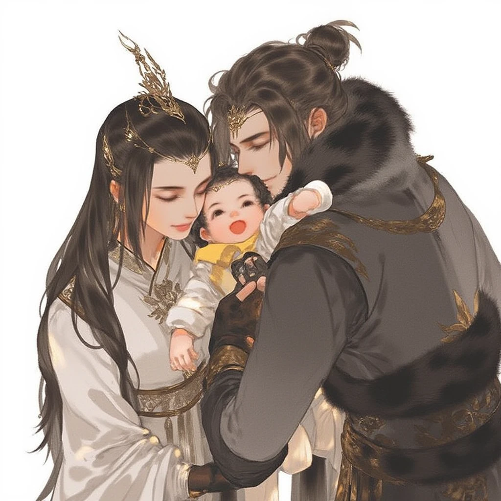 hair bun, chinese clothes, baby, fur trim, fingerless gloves, black hair, 1boy, dress, short hair, jacket, affectionate, 1girl, multiple girls, hug, long sleeves, smile, carrying, family, single hair bun, closed eyes, child, black gloves, gloves, hair ornament, open mouth, brown hair, long hair This is a highly detailed digital drawing featuring a tender moment between a couple and their child. The scene is set against a plain white background, which accentuates the rich colors and textures of the characters. The woman on the left has fair skin and long, dark hair styled in an elaborate updo with ornate hairpins. She wears a traditional Chinese dress with a high collar and intricate embroidery in gold, complemented by a soft, flowing fabric that drapes elegantly around her figure. Her expression is serene and loving, her eyes closed as she gently holds the child's face. The man on the right has a more rugged appearance with dark hair and a slightly darker skin tone. He wears a fur-lined, elaborate coat with a high collar, giving him a noble, warrior-like air. His expression is gentle, and he lovingly embraces the woman and child. The child in the middle has a small, delicate face with a mix of Asian and Caucasian features, and wears a simple white outfit with a yellow scarf around the neck. The child's expression is one of joy and contentment, with a small smile. The overall art style is detailed and realistic, with a focus on textures and emotions, capturing a moment of profound love and affection.