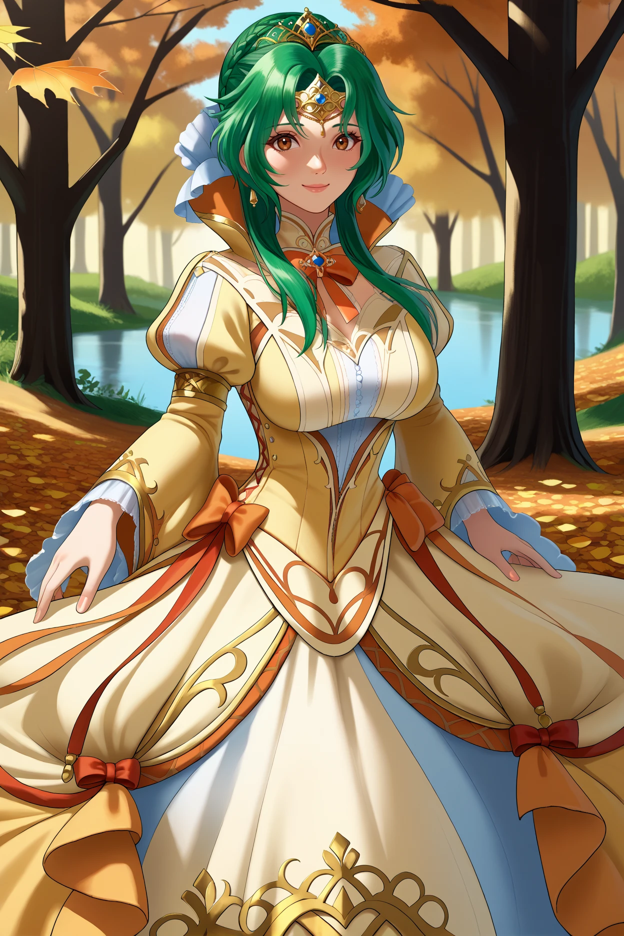 score_9, score_8_up, score_7_up, score_6_up, source_anime, 1girl, solo, <lora:elincia-pdxl-nvwls-000005:1> ascElincia, green hair, hair bun, long hair, braid, brown eyes, tiara, white ballgown, gold trim, ribbon, long dress, puffy sleeves, long sleeves, large breasts, looking at you, autumn, forest, smile