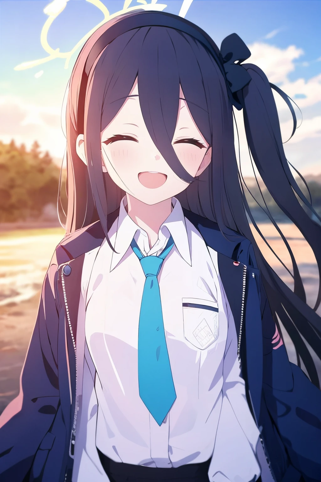 1girl, solo, aris (blue archive), necktie, closed eyes, long hair, blue necktie, halo, smile, black hair, shirt, collared shirt, hair between eyes, jacket, hairband, one side up, open mouth, white shirt, facing viewer, blush
<lora:BA_v1_wd14_LoRA:0.8>,