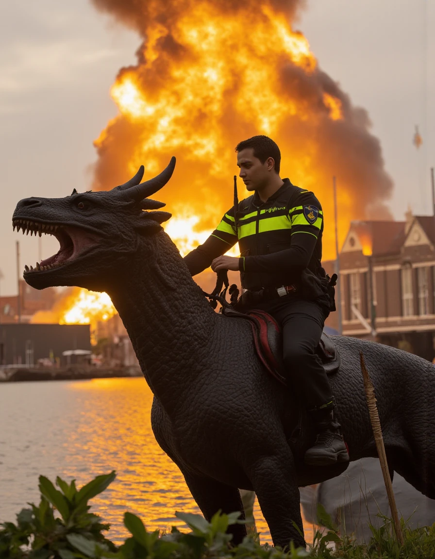 <lora:politie:1.7> politie officer riding dragon, explosion in the background, lotr, cinematic, amsterdam, huge dragon, dragon horns,âââ