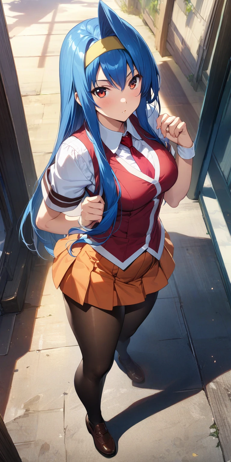 (masterpiece),(best quality),(ultra-detailed),(best illustration),(best shadow),(absurdres),(detailed background),(very aesthetic),
saki_tsuzura, blue hair, long hair, red eyes, yellow hairband, medium breasts, white shirt, red vest, red necktie, orange skirt, pleated skirt, black pantyhose, brown shoes, full body, from the front view, anime coloring
<lora:XL-SakiTsuzura:1>