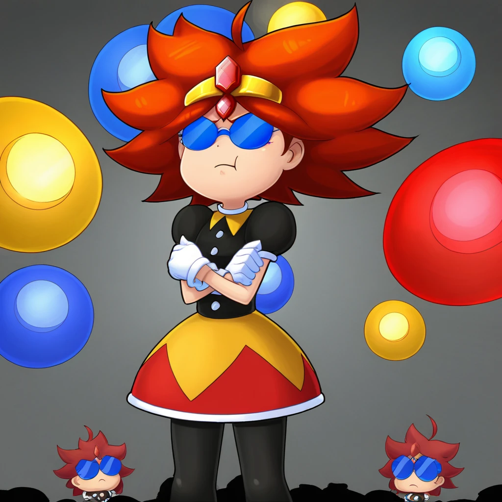 1girl, solo focus, crossed arms, blue eyes, orange hair, short hair, spiked hair, ahoge, round blue-tinted sunglasses, opaque glasses, tiara, forehead jewel, black button shirt, yellow and red skirt, dress, puffy short sleeves, black pantyhose, white gloves, thigh boots,