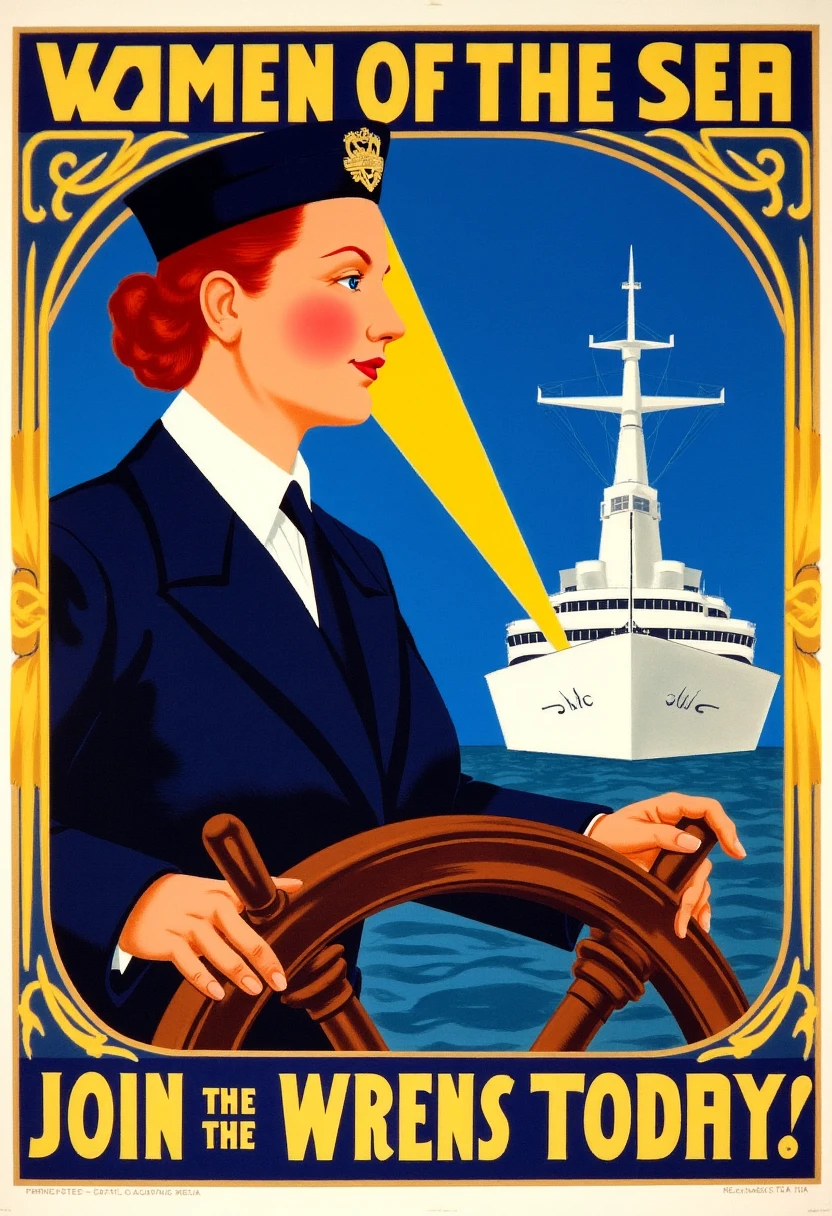 Visualize a vibrant, Art Deco-inspired recruitment poster from the 1940s, showcasing a Wren at the helm of a ship. Her Wrens uniform is drawn with clean, angular lines, the navy blue and white colors standing out against the stylized depiction of a sleek naval vessel in the background. The sky is a deep, rich blue, with sharp, golden sunbeams cutting through, evoking hope and victory. The Wren’s expression is focused and proud as she steers the ship, framed by bold geometric shapes and elegant curves. The slogan at the top says, "Women of the Sea—Join the Wrens Today!" in an Art Deco font, framed by classic decorative borders in gold and navy