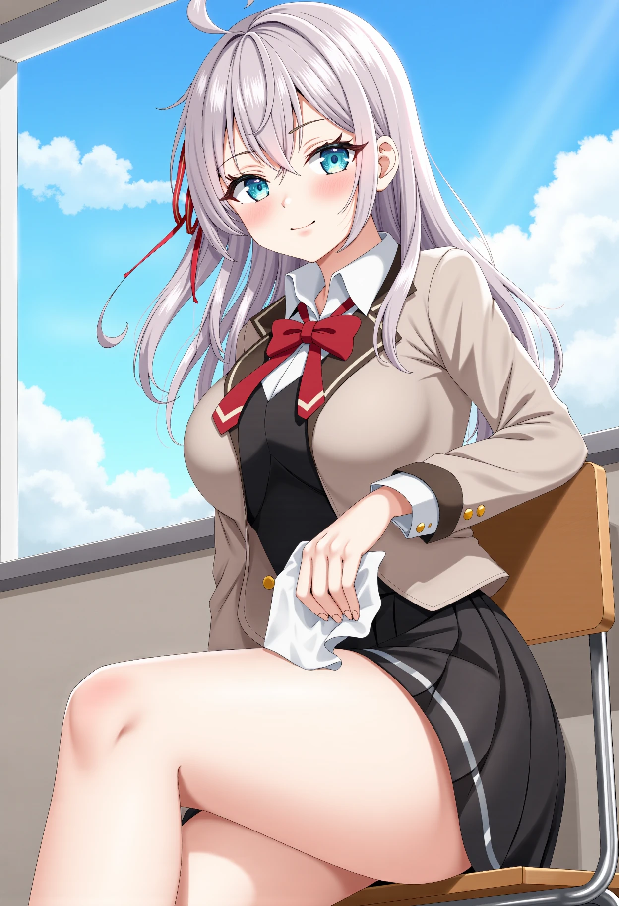 The image features the character of alisa mikhailovna kujou. This image is a digital anime-style drawing featuring a young female character with a slender physique and light skin tone. She has long, flowing silver hair with a single, loose strand framing her face. Her eyes are large and expressive, with a striking blue hue, and she has a small, delicate nose and a slight blush on her cheeks. She is wearing a school uniform consisting of a light brown blazer with a white shirt and a red bow tie, along with a short black skirt. Her legs are bare, with one leg crossed over the other, revealing her smooth skin and the soles of her feet.

She is seated on a wooden desk chair, leaning slightly to the right with one hand resting on the back of the chair and the other holding a white piece of cloth, possibly a handkerchief or a towel. The background shows a bright, sunny day outside, with a clear blue sky and a few fluffy white clouds. The window behind her is large, letting in ample natural light that casts soft shadows on her and the surrounding area. The overall mood of the image is relaxed and cheerful, with a hint of playful innocence.