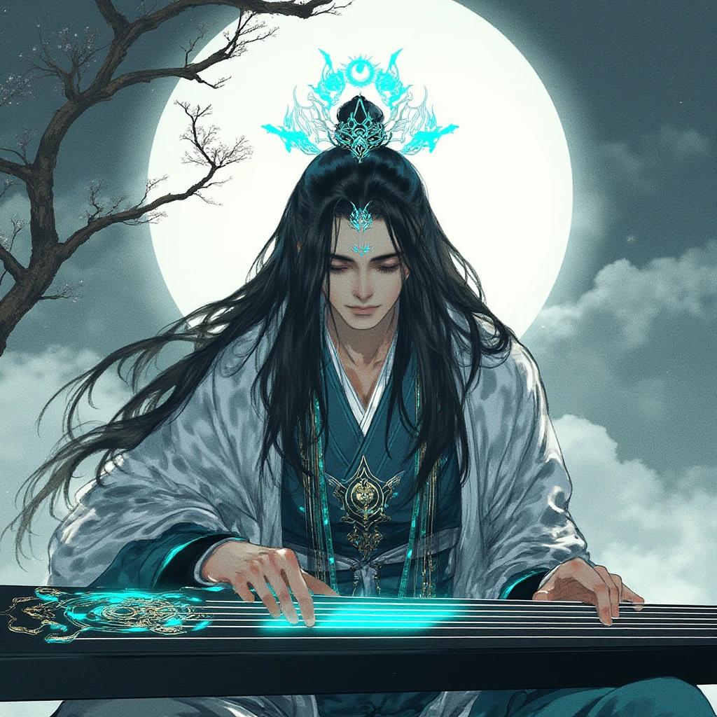 This is a highly detailed digital illustration featuring a young man with long, flowing black hair, adorned with intricate, glowing blue ornaments that resemble a crown. He is seated on a traditional Japanese zither, or koto, which is a long, horizontal stringed instrument. The man's attire is a traditional Japanese kimono, characterized by its white and black patterns, with a hint of teal. His kimono is elegantly draped, creating a sense of movement and fluidity. The background is a blend of abstract and realistic elements, featuring a large, glowing white moon that dominates the upper portion of the image. Surrounding the moon are delicate, wispy clouds in shades of white and gray, adding depth and texture to the scene. In the foreground, the man's hands are gently caressing the strings of the koto, which are highlighted in a soft, glowing blue, enhancing the ethereal ambiance. To the left, a bare, gnarled tree with sparse leaves and branches is silhouetted against the moon, adding a sense of mystery and isolation to the composition. The overall color palette is dominated by cool tones, with subtle splashes of teal and gold, creating a harmonious and serene atmosphere. male focus, single hair bun, forehead mark, moon, weapon, long hair, sitting, closed mouth, closed eyes, hair ornament, robe, black hair, long sleeves, 1boy, instrument, book, chinese clothes, hair bun, solo, tree, open book, playing instrument, floating