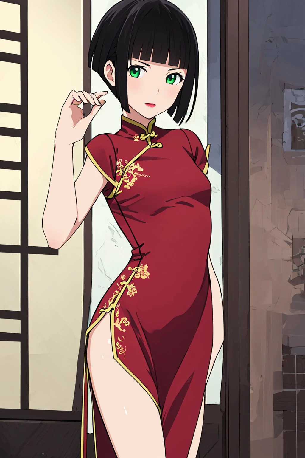 (1girl, solo), looking at viewer, mayu, tomone, black hair, blunt bangs, short hair, sidelocks, green eyes, lipstick, (china dress:1.4), small breasts, <lora:8b78d738-5d17-4f3a-b36d-da4c3b3023d1:0.9>