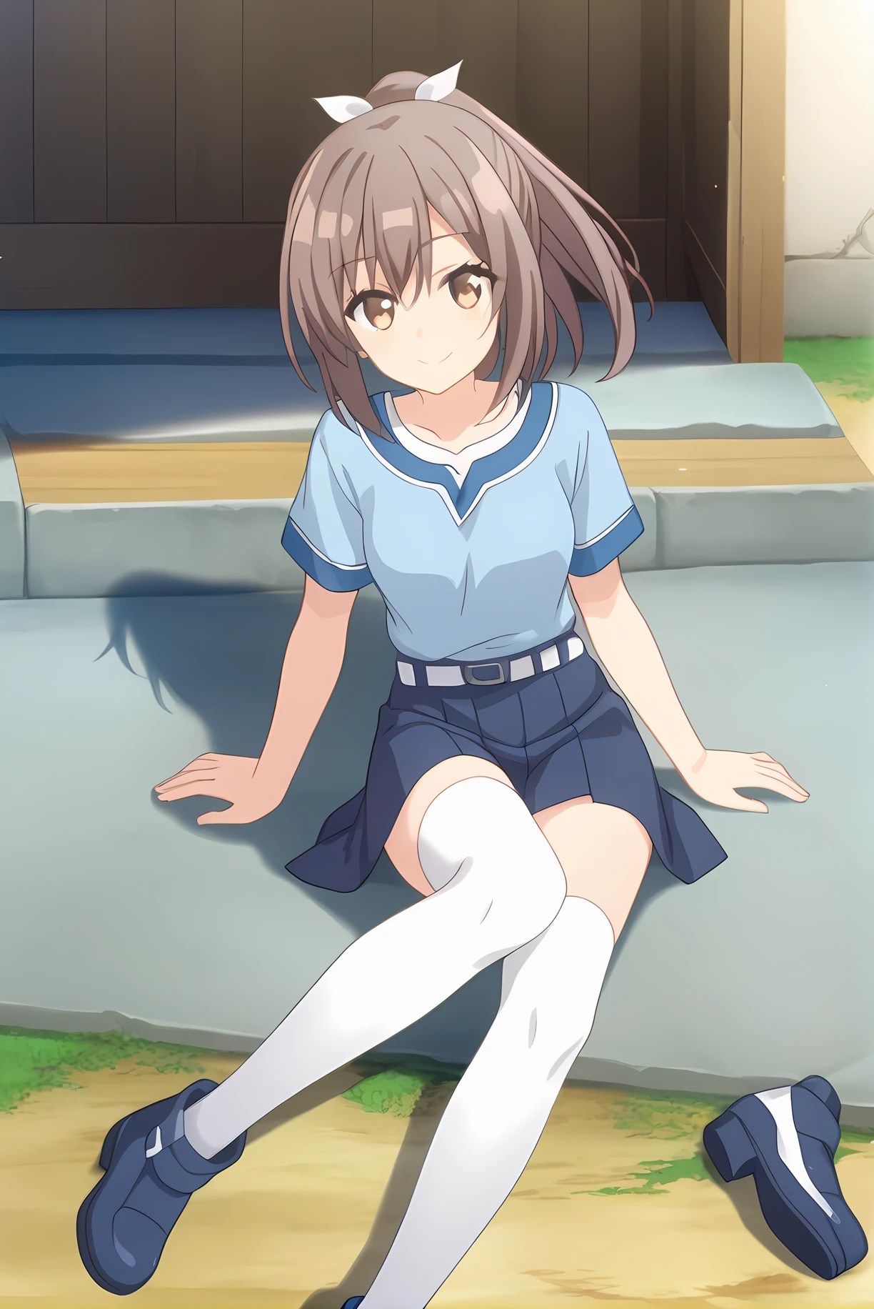(blue shirt blue skirt white skirt belt white thighhighs blue shoes), bof-sally, brown hair, hair ribbon, ponytail, medium breasts, 1girl, solo, skinny, feet, score_9, score_8, score_7, source_anime, light smile, town, (1.3::full body|sitting|standing|lying|0.6::close-up| :1.20), <lora:bof-sally-V01-000005:1.00>