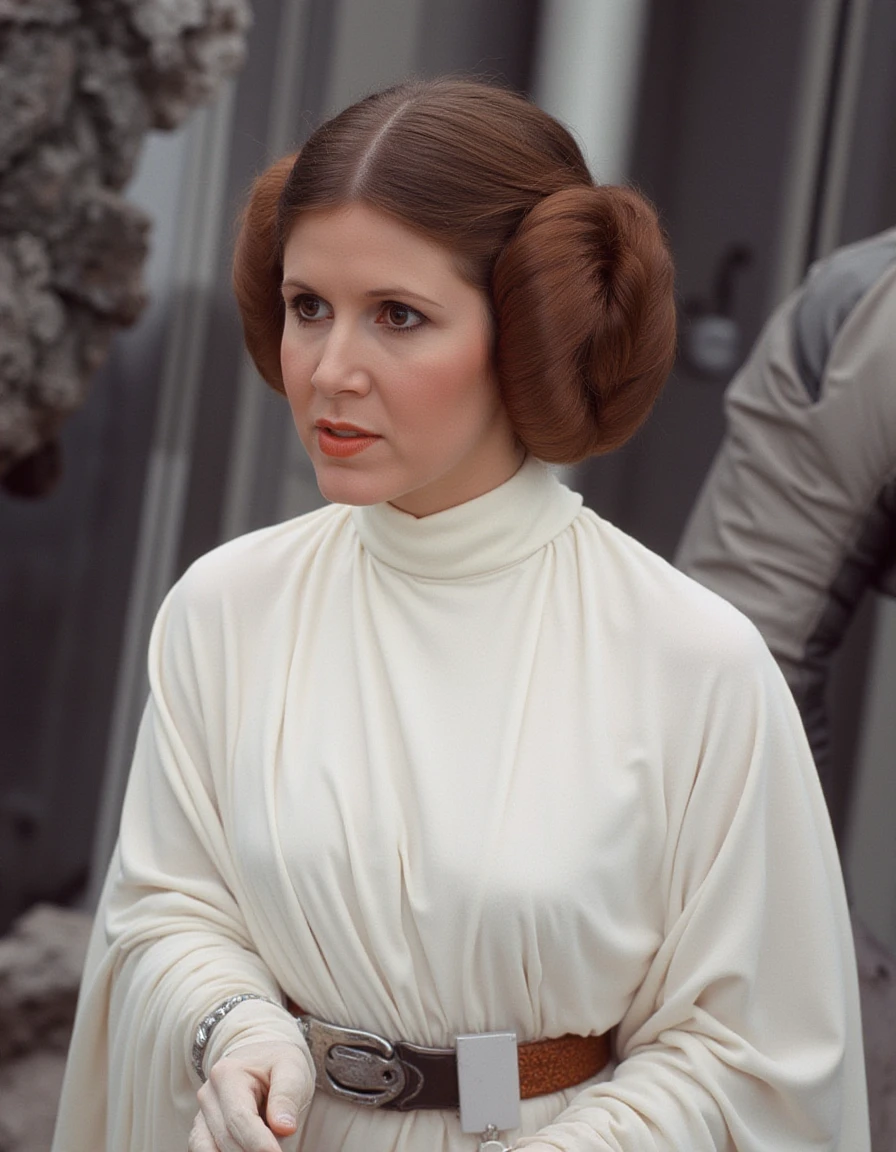 Princess Leia, portrayed by Carrie Fisher, addresses the Rebel Alliance. Dressed in her white gown, with a steely look of determination, she commands respect from those around her, embodying hope in the fight against the Empire.