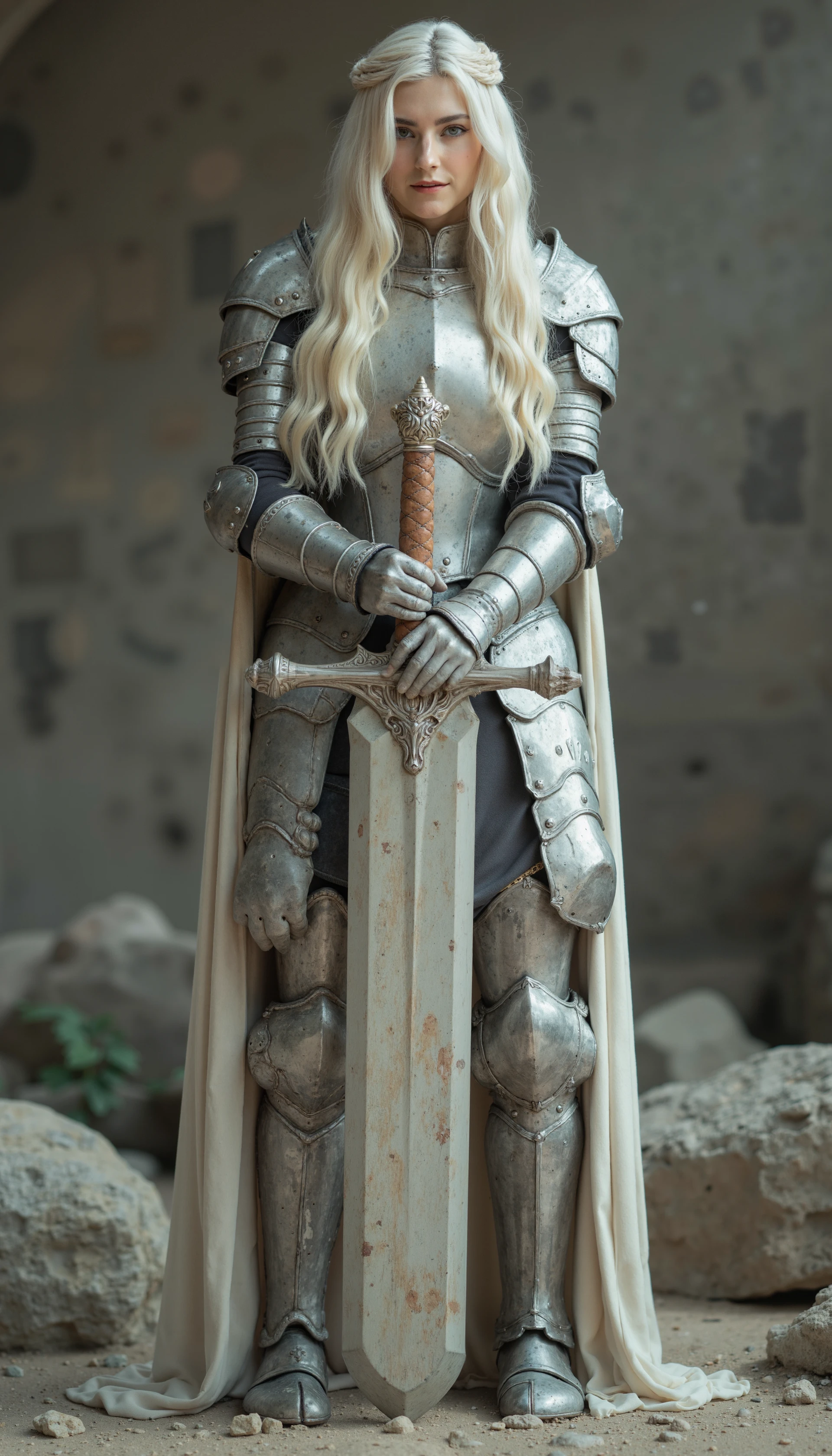 photo of a p3r5on with pale skin and long, platinum blonde hair styled in loose waves. is wearing super heavy armor made of granit stones. she is holding enormose huge the size of her a big sword that stands in the ground