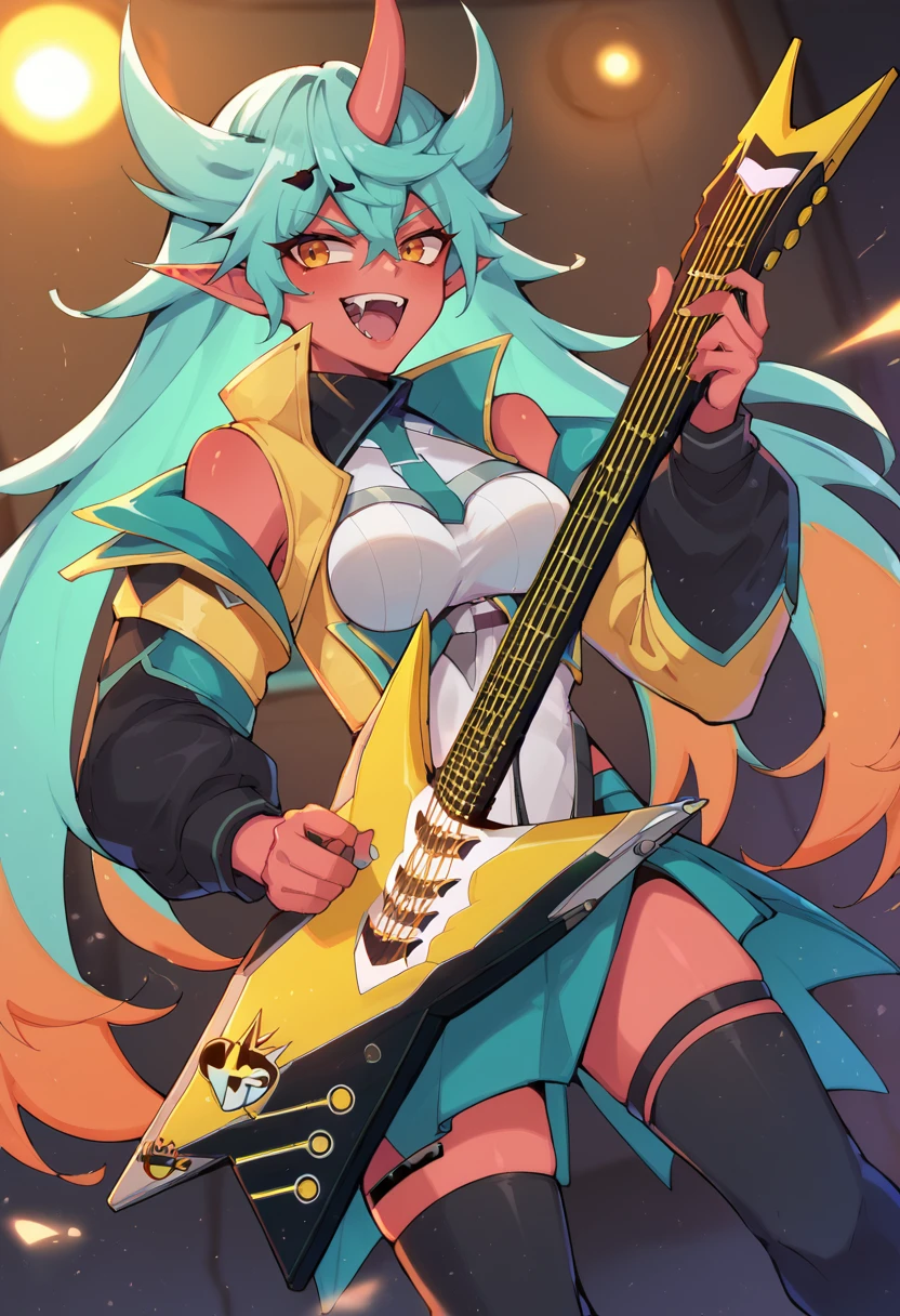 <lora:vyce-05:1>, vyce, long hair, single horn, blue hair, red skin, hair between eyes, pointy ears, black thighhighs, jacket, orange eyes, medium breasts, green hair, multicolored hair,  orange hair, happy, open mouth, fangs, holding, guitar, holding an electric guitar, concert,, score_9, score_8_up, score_7_up, source_anime,