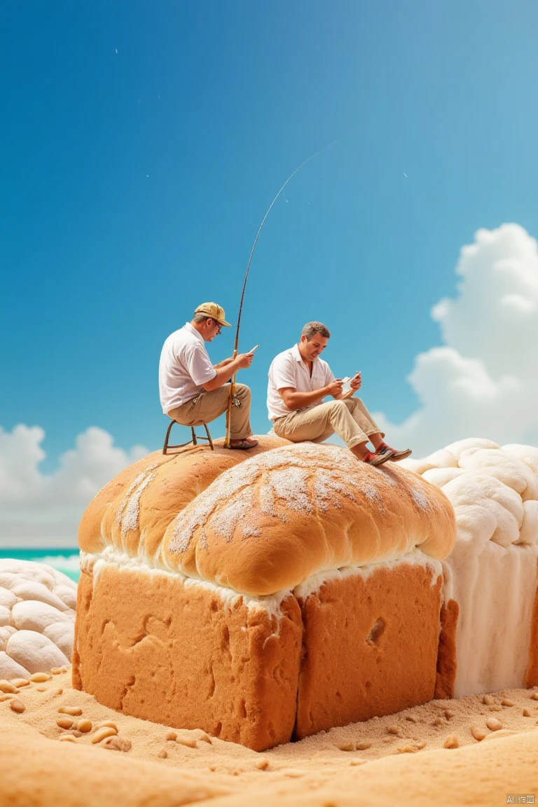 two men are seated on top of a large
round loaf of bread in the sand. The bread is a vibrant orange
with a thick layer of white pebbles on the right side of the bread. The man on the left is seated on a stool
holding a fishing rod in his right hand and looking at a phone in his left hand. His left hand is resting on his hip. His right hand is positioned on the bread
while his left leg is resting against his right leg. The sky is a deep blue
dotted with white clouds.