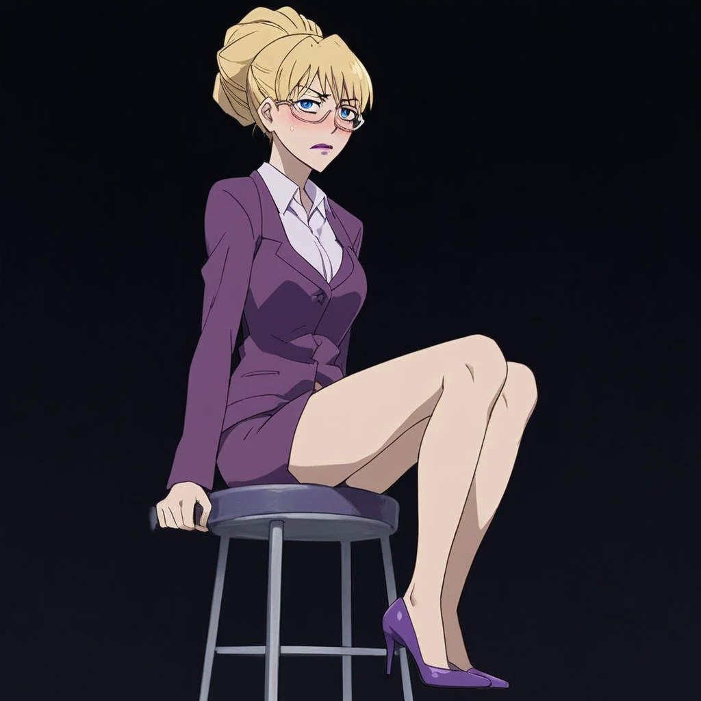 score_9, score_8_up, score_7_up, source_anime, expressive, anime, Artist speedlines, dynamic, D4RK3RTH4NBL4CK, BR1T4, 1woman, (brita_(darker_than_black):1.2), blonde_hair, blue eyes, purple_lips, glasses, business_attire, serious_expression, anime_girl, purple_jacket, white_shirt, tied_hair, female, looking at viewer, facing viewer, bare_legs, high_heels, blush, blushing, embarrassed, dark background, Artist style:komori_takahiro