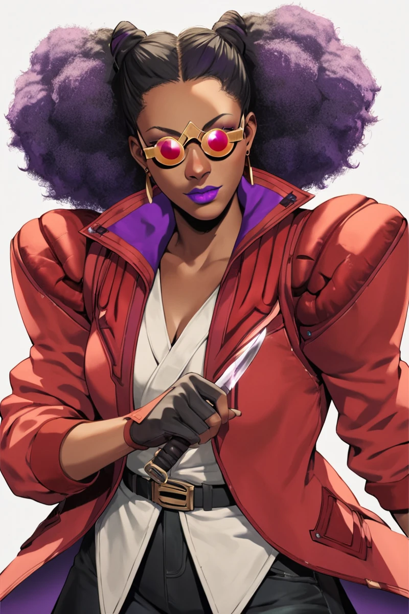 <lora:BazzConcordXL:1:lbw=CHARALL>, BazzConcord, afro, dark skin, red jacket, sunglasses, purple hair,  earrings, purple lips, black hair, gloves, two-tone hair, 
looking at viewer, holding knife,, (masterpiece),(best quality),extreamly delicate and beautiful,illustration,absurdres, high quality,  anime style illustration,score_9, score_8_up, source_anime,score_9_up,, 1girl, solo,solo_focus,