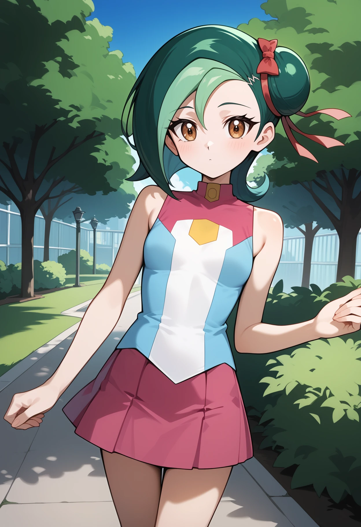 score_9, score_8_up, score_7_up, score_6_up, score_5_up, score_4_up, source_anime, aakotori, short hair, multicolored hair, green hair, single hair bun, hair ribbon, brown eyes, small breasts, bare shoulders, sleeveless shirt, multicolored shirt, blue shirt, pink skirt, <lora:mizuki_kotori_(yu-gi-oh!)_ponyxl_v1:0.9>, standing, cowboy shot, outdoors, park,