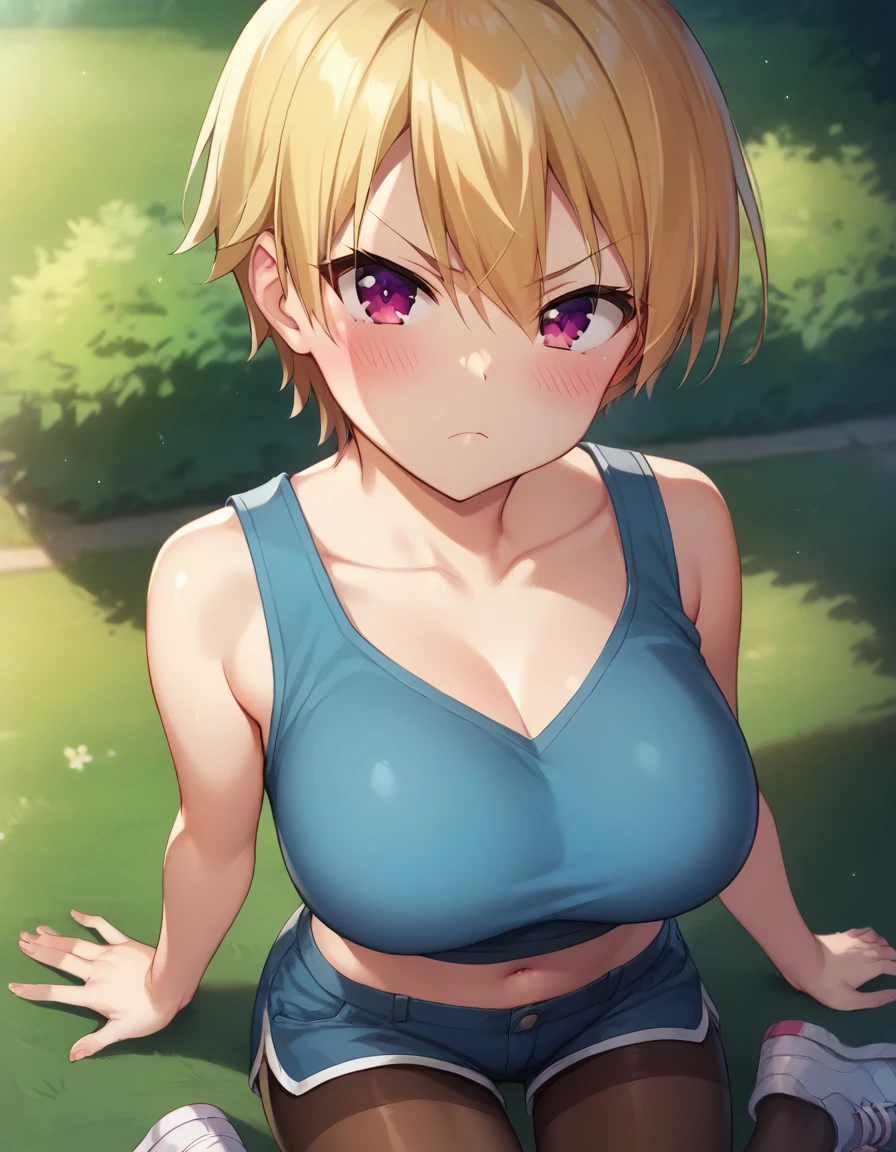 score_9,score_8_up,score_7_up,score_6_up BREAK official art,solo,outdoors,upper body,(portrait:1.5),looking at viewer,facing viewer,frown,v-shaped eyebrows,blush,Haruki Azuma,short hair,blonde hair,shiny hair,hair between eyes,bangs,purple eyes,bare shoulders,collarbone,blue tank top,navel,large breasts,blue shorts,short shorts,brown pantyhose,legwear under shorts,sneakers,<lora:Haruki Azuma(hc)-Pony:1.4>,<lora:Smooth Anime Style LoRA XL:0.8>,