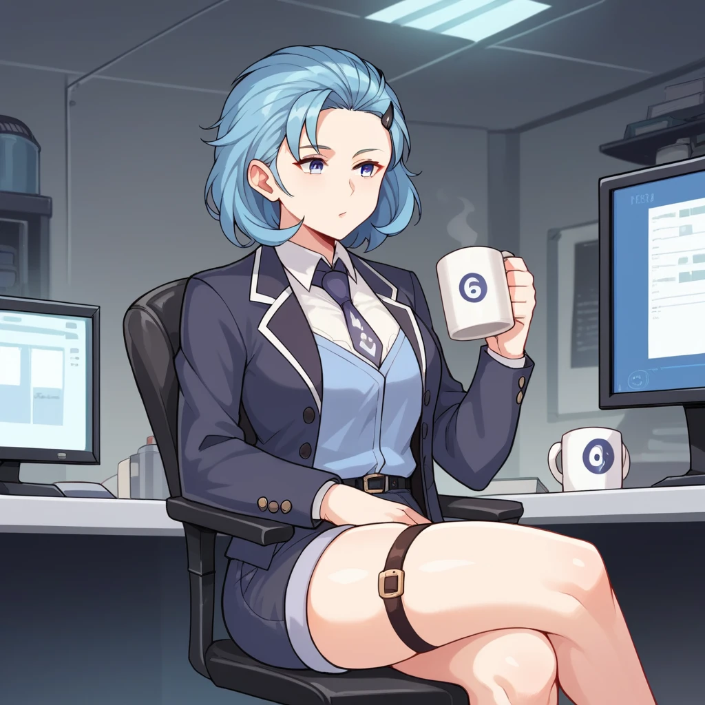 score_9_up, score_8_up, score_7_up, source_anime, masterpiece, best quality, 1girl, solo, Einstein_Hi3, Eins_Def, ceiling light, laboratory, screens, lab shelves, sitting on office chair, crossed legs, drinking, holding coffee mug, looking to side at monitor, documents, desk with monitor, blue hair, short hair, blue eyes, necklace, hairclip, black blazer, white shirt, blue vest, blue necktie, collared shirt, open clothes, thigh strap, short shorts, black shorts, black belt, long sleeves, mature body, dynamic cowboy shot, outdoors, facility laboratory background