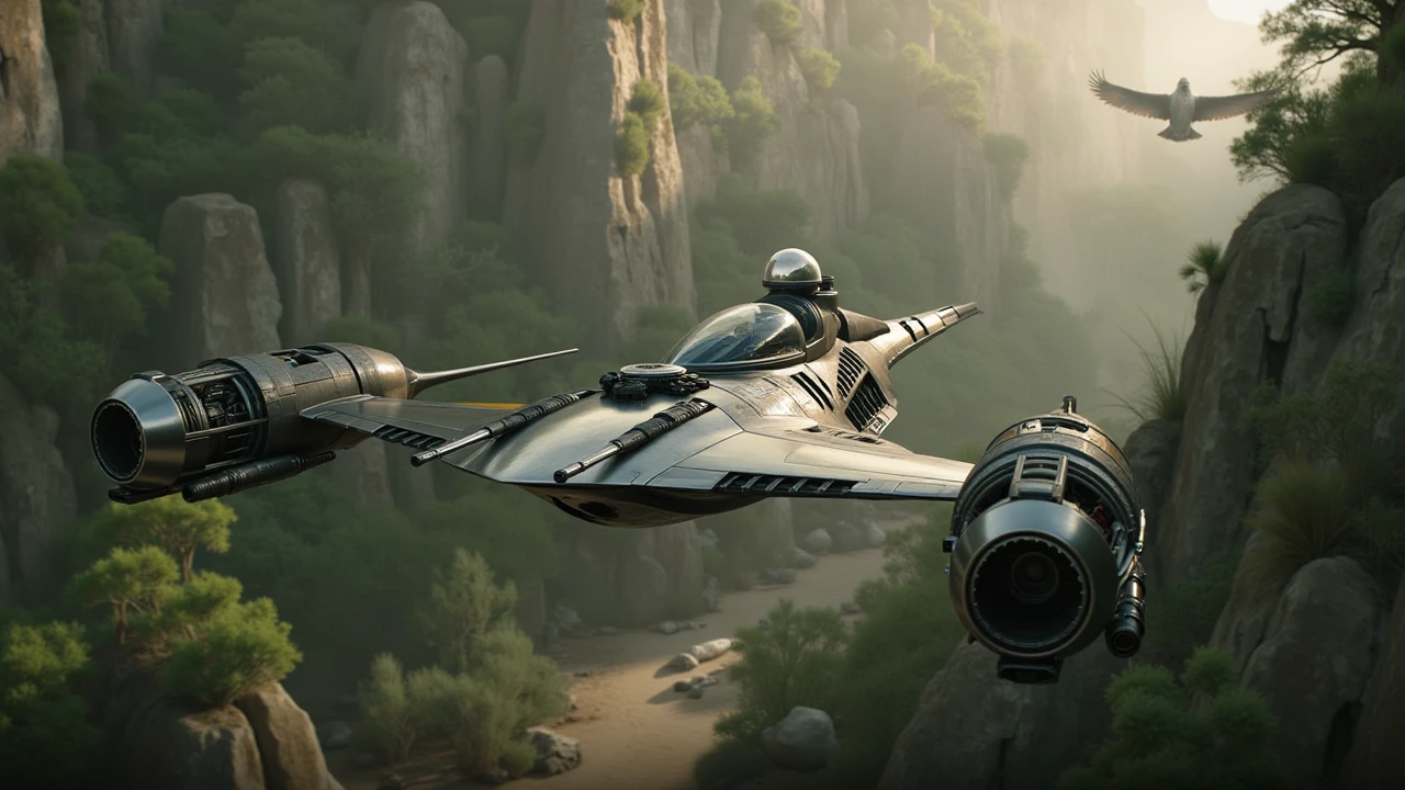 a Photo of a N1 Starfighter,flying over a jungle, mandalorian pilot,giant alien birds in background,Star Wars,Lucasfilm,beautiful Composition,sharp focus,dramatic camera angle, <lora:N1_Starfighter:1>