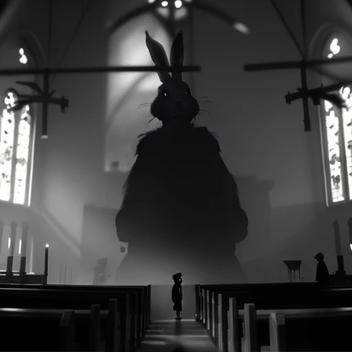 a man is standing in a church and (looking at a giant rabbit), <lora:LIMBO_STYLE:1.1>