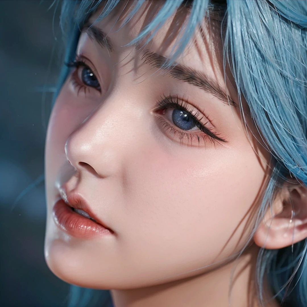 1girl,solo,blue hair,blue eyes,lips,bangs,eyelashes,eye focus,nose,closed mouth,from side,close-up,Highly detailed,(ultra-detailed),(best quality,masterpiece:1.5),