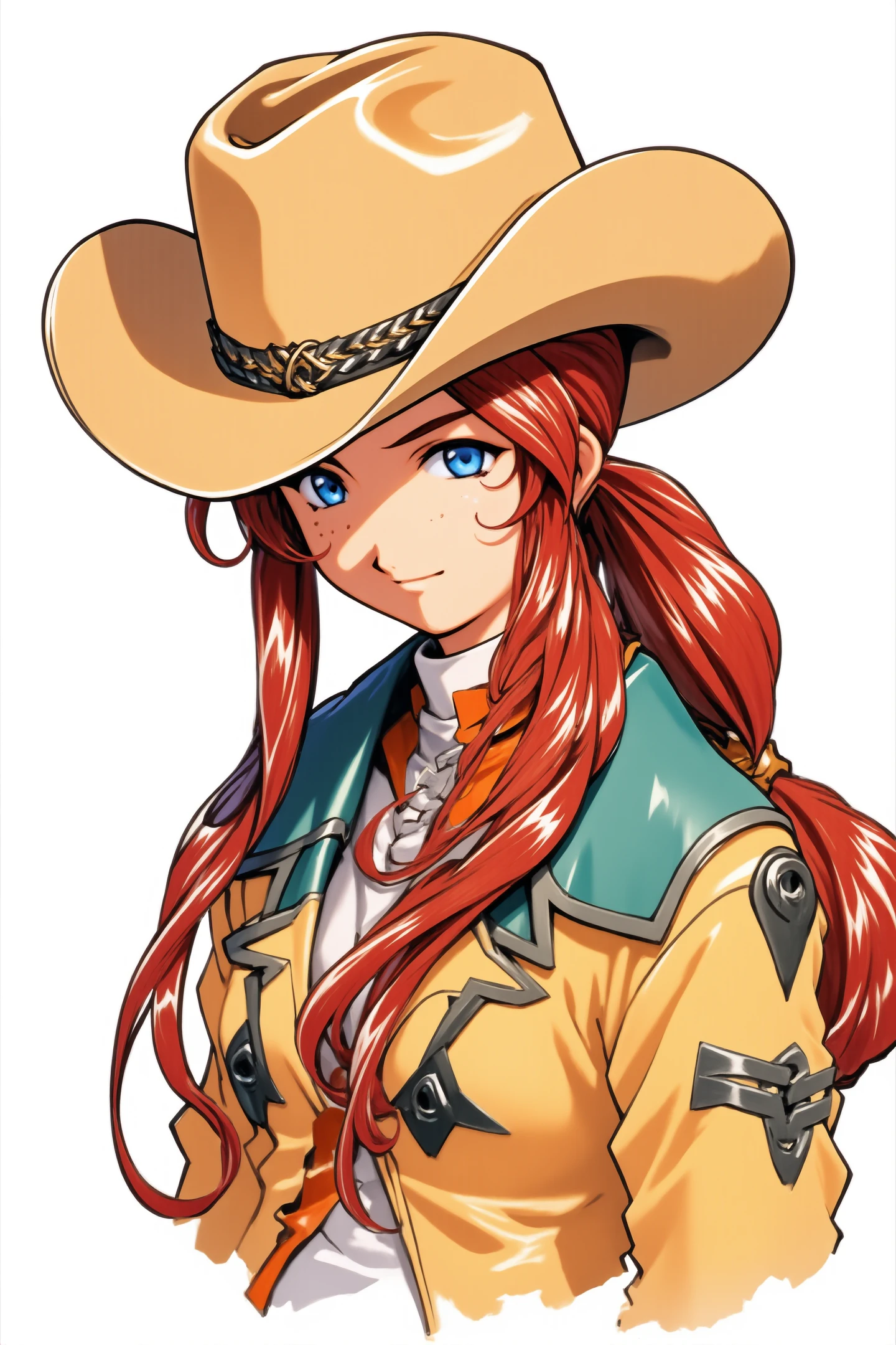 Gemini Sunrise, freckles, 1girl, solo, hat, cowboy hat, blue eyes, long hair, smile, upper body, white background, ponytail, cowboy western, simple background, looking at viewer, orange hair, jewelry, red hair,
<lora:Sakura Wars_FLUX:1.3>,