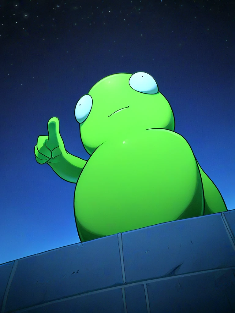 <lora:kuchi_kopi_ewal_life POBY:0.9> kuchi kopi, green night light, bug eyes, neutral face, glowing, glow, outdoors, starry sky, night, smile, pointing up, from below tilt shift,, source_cartoon, score_9, score_8_up, score_7_up,