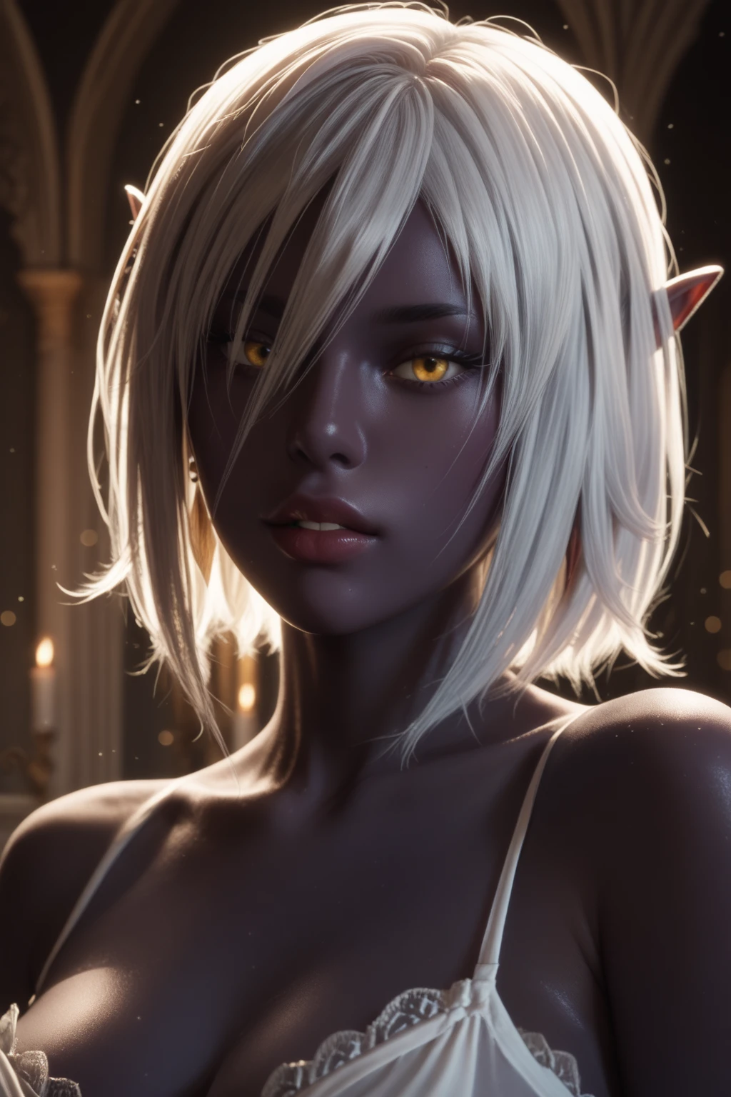 (score_9, score_8_up:1.1), score_7_up, score_X, score_Y_up, 1girl,
<lora:nualia:1>queen_nualia, nualia, dark elf, drow, shadow elf, ebon elf, night elf, pale blue skin, bluish skin, purple skin, dark blue skin, golden eyes, glowing yellow eyes, luminous eyes, white hair, silver hair, long hair, short hair, bob cut, flowing hair, styled hair, pointed ears, elongated ears., Glamour portrait, beautiful woman, elegant pose, flawless skin, vibrant makeup, styled hair, soft lighting, bokeh background, high fashion, studio quality, professional photography, magazine cover style.