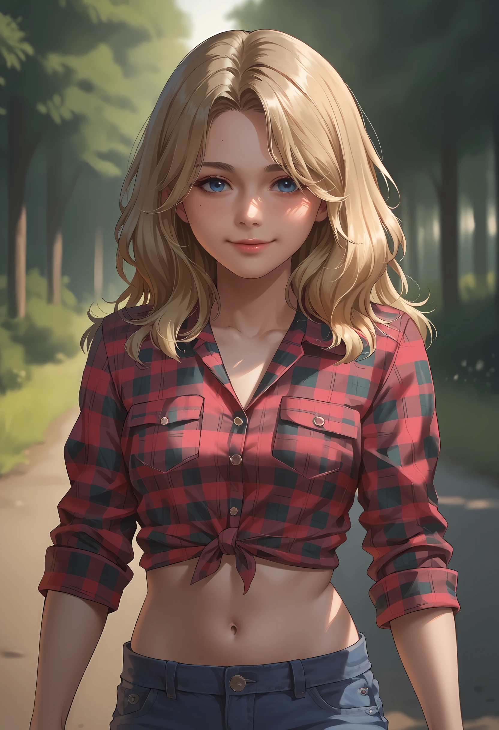 score_9, score_8_up, score_7_up, score_6_up, score_5_up, score_4_up, 1girl, <lora:BeccaWoolettRER:0.75> solo, blue eyes, wavy hair, blonde hair, long hair, plaid shirt, shirt, plaid, upper body, smile, looking at viewer, walking, midriff, shorts, denim, denim shorts, 
forest, stream, dark, night time,