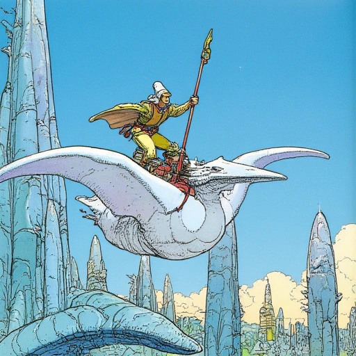 Arzach riding a pteranodon, Moebius, Moebius-style, Jean Giraud Art, Art by Gir, Art by Moebius