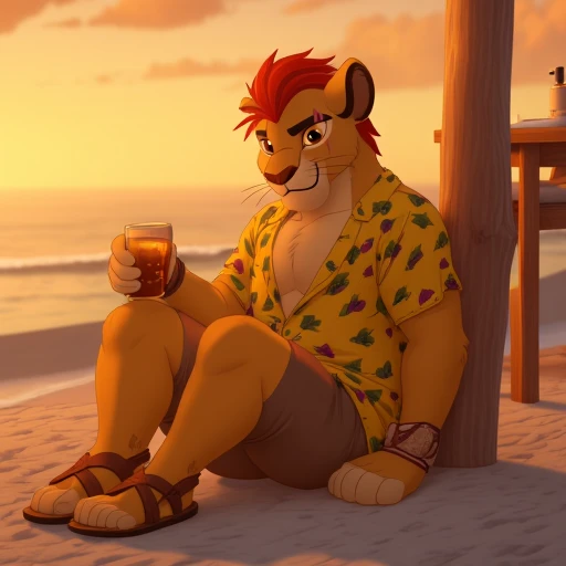 (((Barefoot furry character, full body, cinematic setting, furry male, anthro, plantigrade))), (((Kion))), older Kion, scar on left eye, bara, solo, in a (((yellow Hawaiian shirt))) with green or purple pattern, wearing shorts, leather bracelets, leather anklets, nice feet paws, feet towards the viewer, feet POV, (((brown toe loop sandals))), (((shoeplay))), (((his feet playing with sandals))), dynamic pose, smile, drinks whiskey, (((drunk))), sleepy, sitting on beach, near beach bar, (((sunset))), (((outdoors))), focus on feet paws, (((dutch angle))) BREAK, intricate details, highly detailed, extreme detail, octane render, fine art, best quality, highres, (detailed face:1.5), ((full_body)), UHD, (((perfect hands))), low light, anime