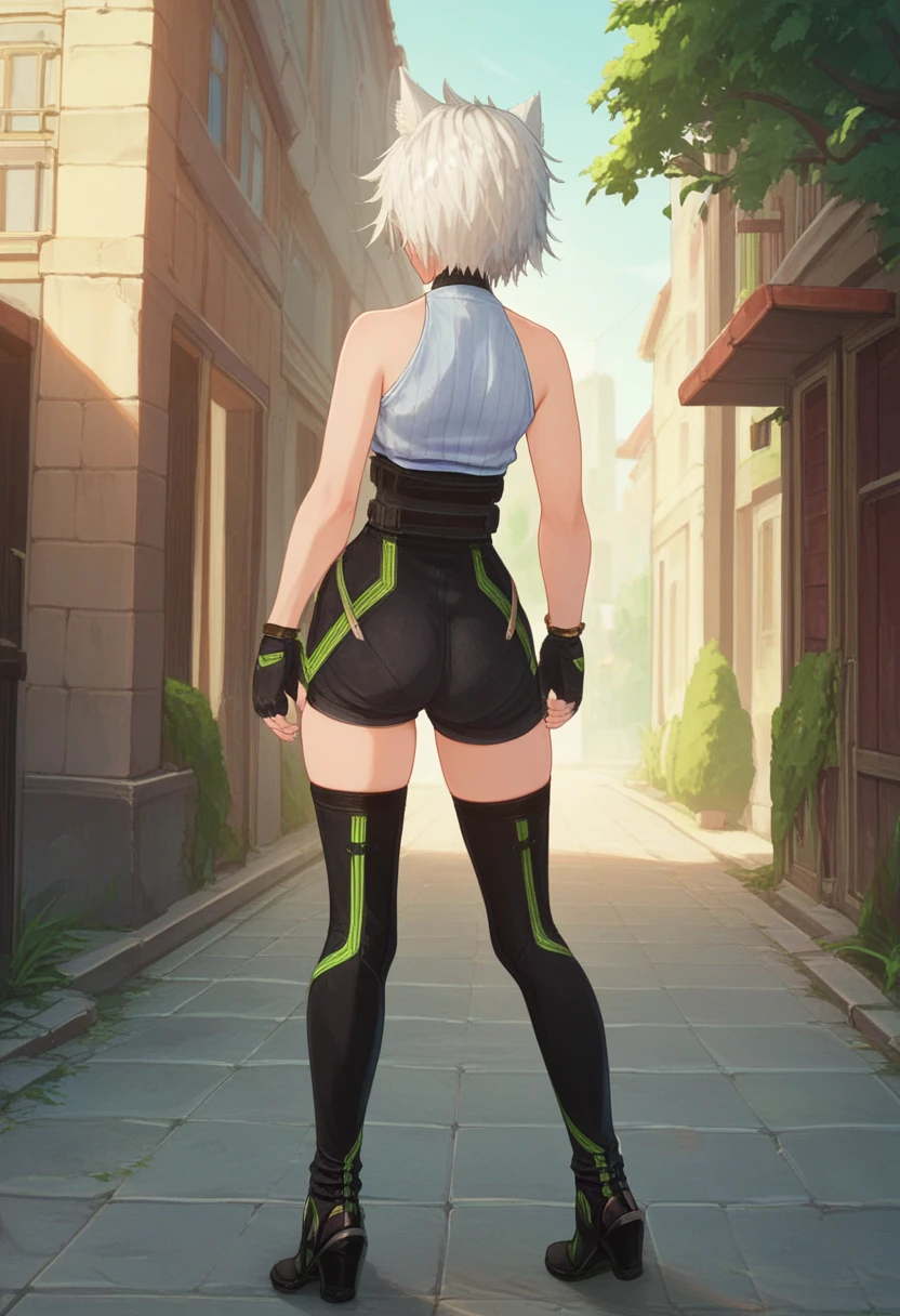 score_9, score_8_up, score_7_up, 1girl, solo, from behind, facing away, looking back, casual, bare arms, ribbed shirt, corset, high-waist shorts, black thighhighs, high heels, pale yellow eyes, fingerless gloves, messy hair, na'el, outdoors <lora:nael xl 086:1>