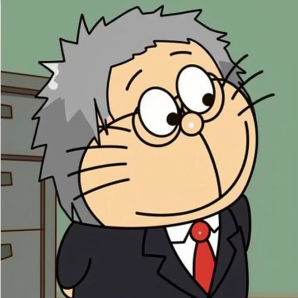 cartoon ,a man ,suit, round eyeglasses,gray hair