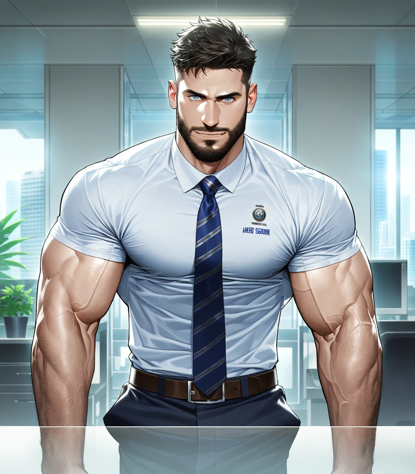 score_9, score_8, score_7, score_6_up, 1boy, male, solo, yoav even, tight shirt, short sleeves, necktie, standing, belt, pants, big biceps, muscular, beard, grey eyes, looking at you, veiny arms, vascular arms, arm hair, warm smile, blake alexander, best details, 2023, sfw, office, desk, skyscrapers in the background, large windows, daylight, hands on desk, casual pose