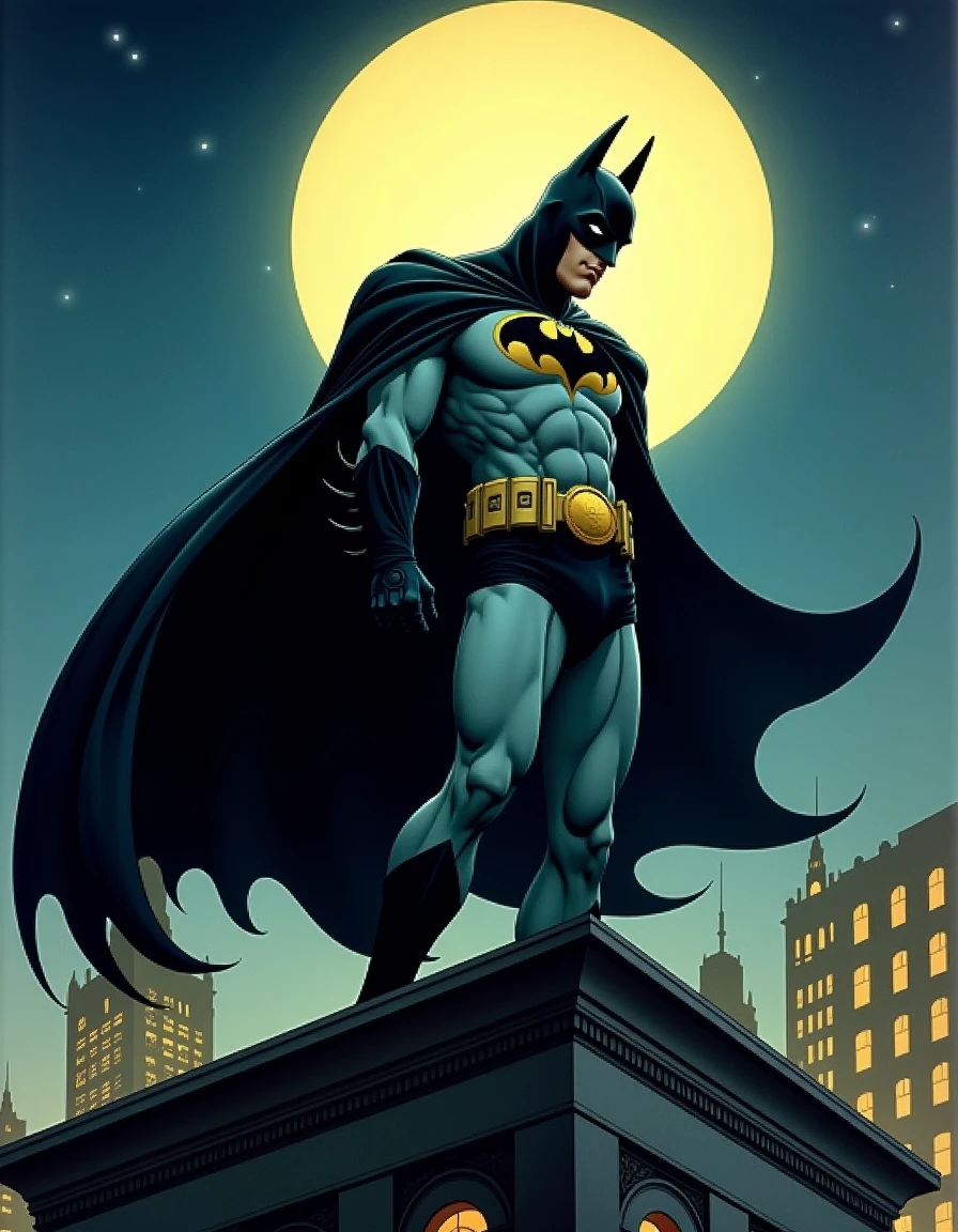 <lora:Alphonse Mucha_epoch_8:1>, mucha_style, a painting by Alphonse Mucha depicting Batman wearing his costume and standing on a building rooftop in Gotham City at night, the bat signal lights up the night sky behind him