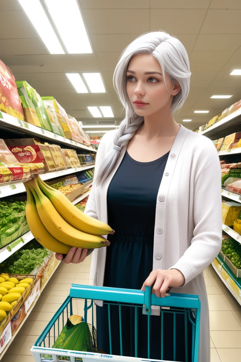 Ga-Hee JO, an image of GaHeeJoDove woman, <lora:GaHeeJoDoveV2:0.6>, score_9, source_anime, single braid, black dress, grey open cardigan, holding a bunch of bananas, shopping basket, looking to the side, supermarket, inside, zPDXL2, white hair, <lora:add-detail-xl:1>