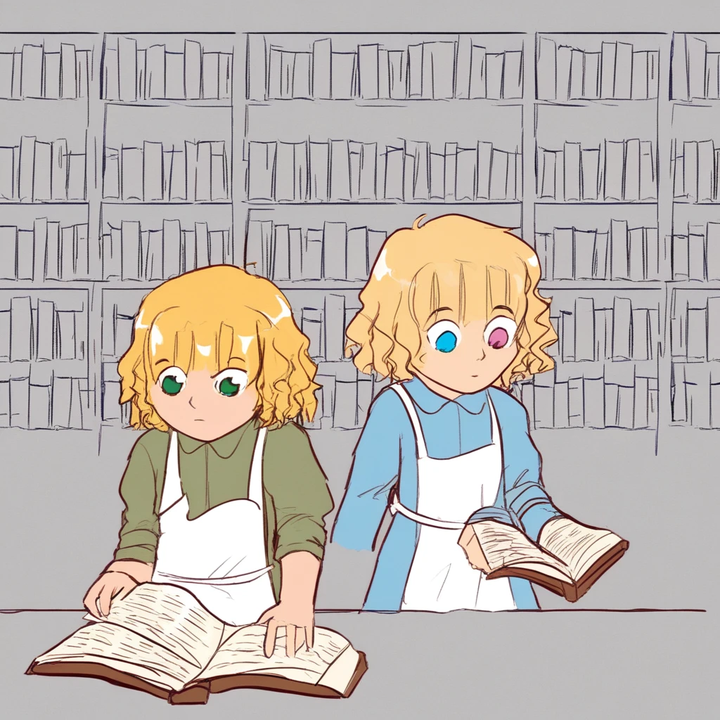 riley-davis,  w0rm, blonde hair, 1girl, blue eyes, heterochromia, green eyes, short hair, dress, apron, in the library reading a book