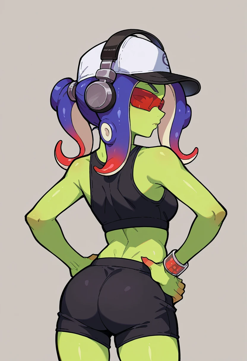 score_9, score_8_up, source_anime, 1girl, solo, Dedf1sh, green skin, tentacle hair, multicolored hair, baseball cap, two-tone headwear, headphones, red-tinted eyewear, from behind, looking back, hands on hips, sports bra, black shorts <lora:ChamDedf1shPonyXL:1>