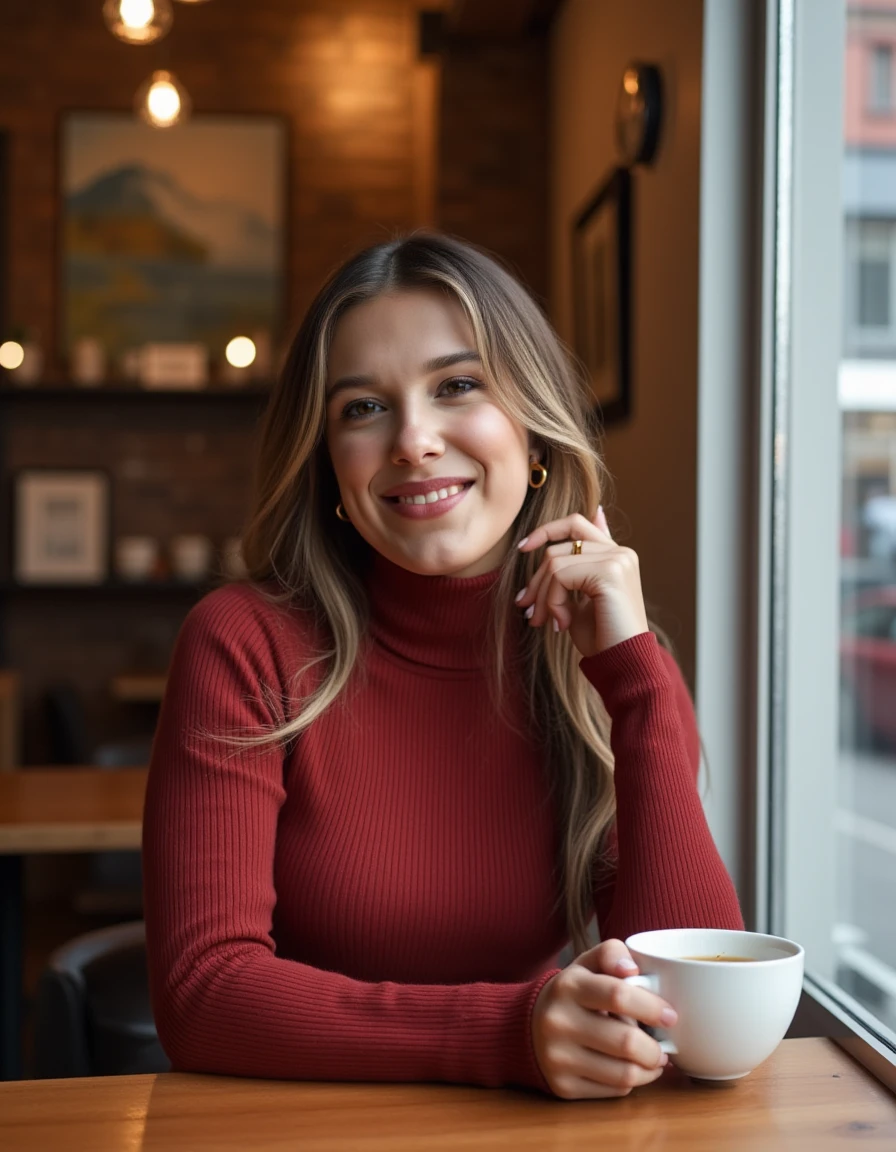 <lora:Millie_Bobby_Brown_Flux:1> realistic photo of milliebb, wearing a fitted turtleneck sweater dress, in a cafe having a coffee. looking at the viewer smiling