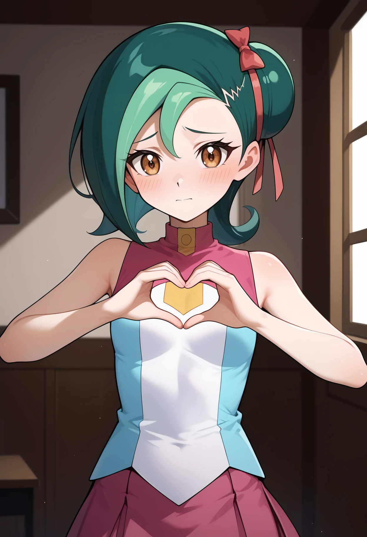 score_9, score_8_up, score_7_up, score_6_up, score_5_up, score_4_up, source_anime, aakotori, short hair, multicolored hair, green hair, single hair bun, hair ribbon, brown eyes, small breasts, bare shoulders, sleeveless shirt, multicolored shirt, blue shirt, pink skirt, <lora:mizuki_kotori_(yu-gi-oh!)_ponyxl_v1:0.9>, embarrassed, blush, heart hands, indoors,