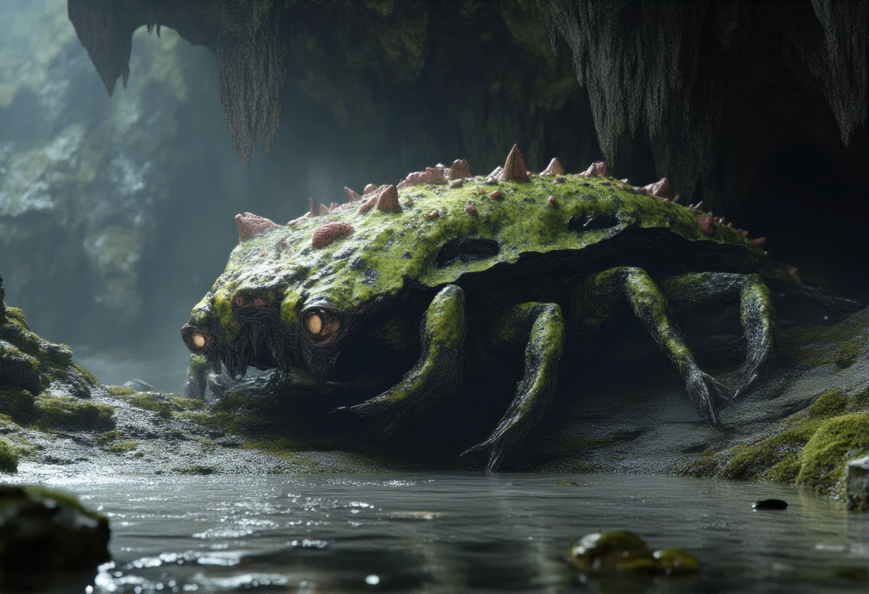 alienworlds, a bizarre alien creature in a cave, dramatic lighting, predator