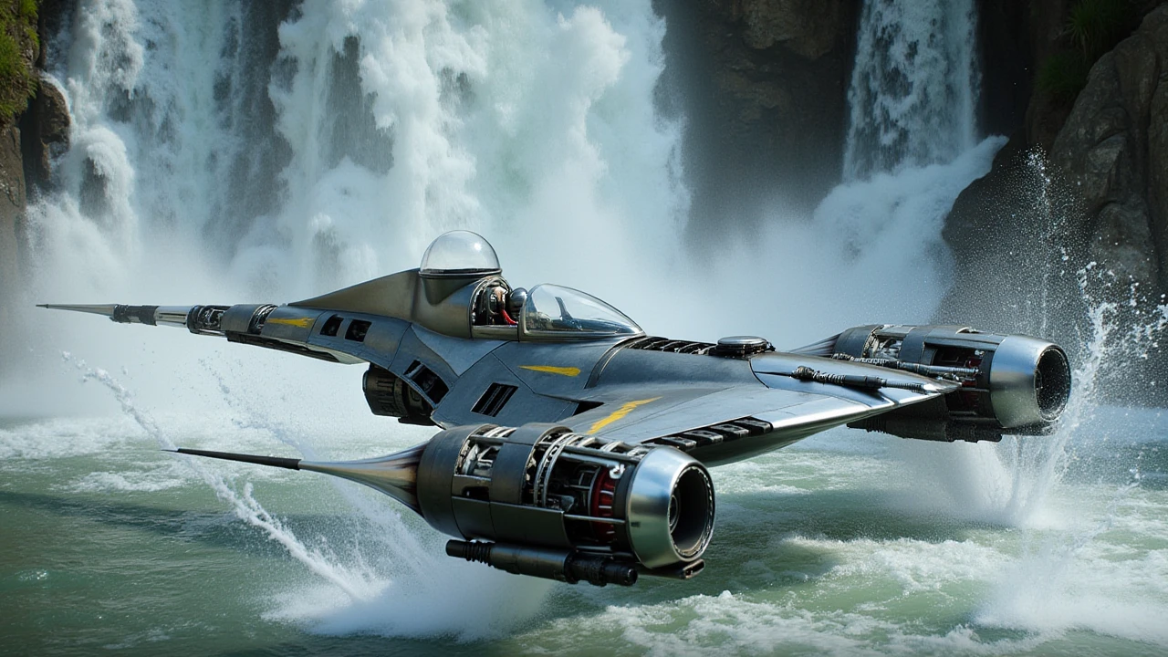 a Photo of a N1 Starfighter,sharp focus,dramatic camera angle,zooming through a waterfall,water splashes,<lora:N1_Starfighter:1>