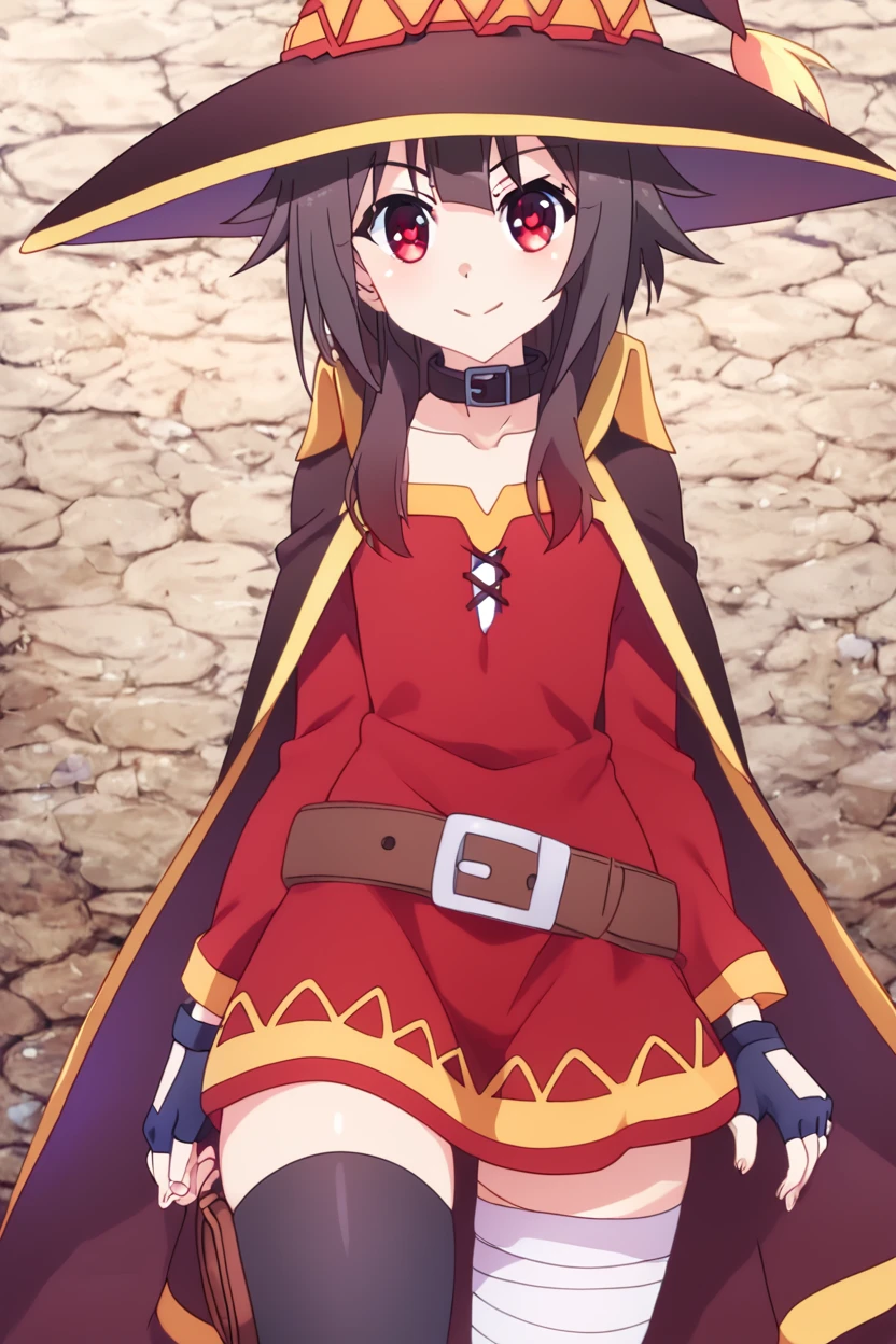 score_9, score_8_up, score_8, medium breasts, (curvy), cute, eyelashes,       BREAK, , BREAK, <lora:konosuba-megumin-s2-ponyxl-lora-nochekaiser:0.7>, megumin, short hair, black hair, red eyes, short hair with long locks, thighhighs, gloves, hat, dress, black gloves, belt, black thighhighs, fingerless gloves, cape, collar, witch hat, bandages, red dress, single thighhigh, asymmetrical legwear, bandaged leg,, <lora:PrismaIllya_PDXL_v3:1.0>, , BREAK,  smile, looking at viewer, cowboy shot,  embedding:zPDXL, Expressiveh, <lora:SDXLFaeTastic2400:0.5>,  <lora:Expressive_H-000001:0.4>,